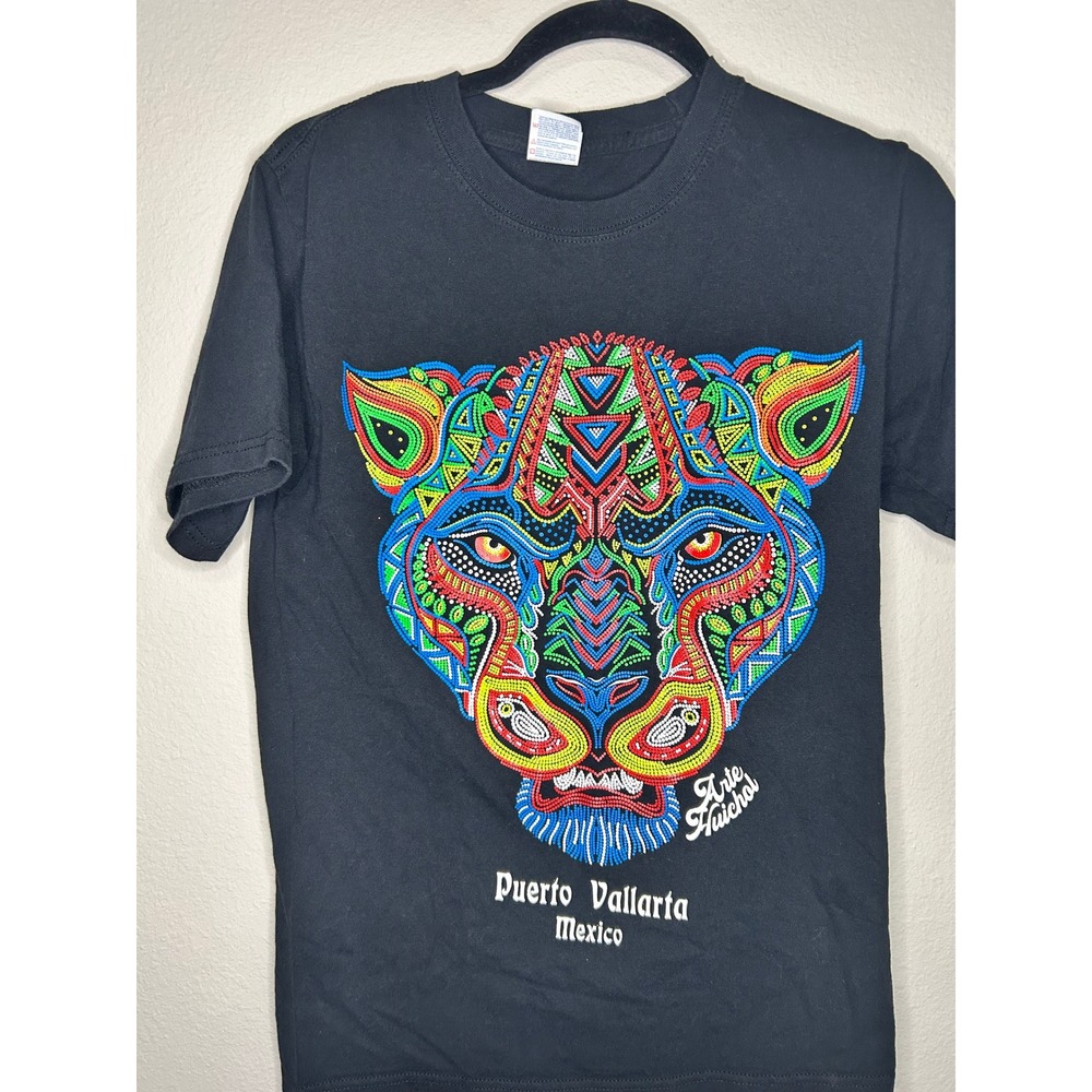 Arte Huichol Puerto Vallarta Mexico Jaguar Beaded Graphic T-Shirt Size S